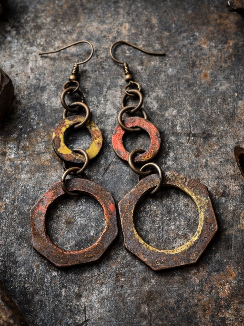 Rustic Yellow and Orange Metal Link Drop Earrings -
